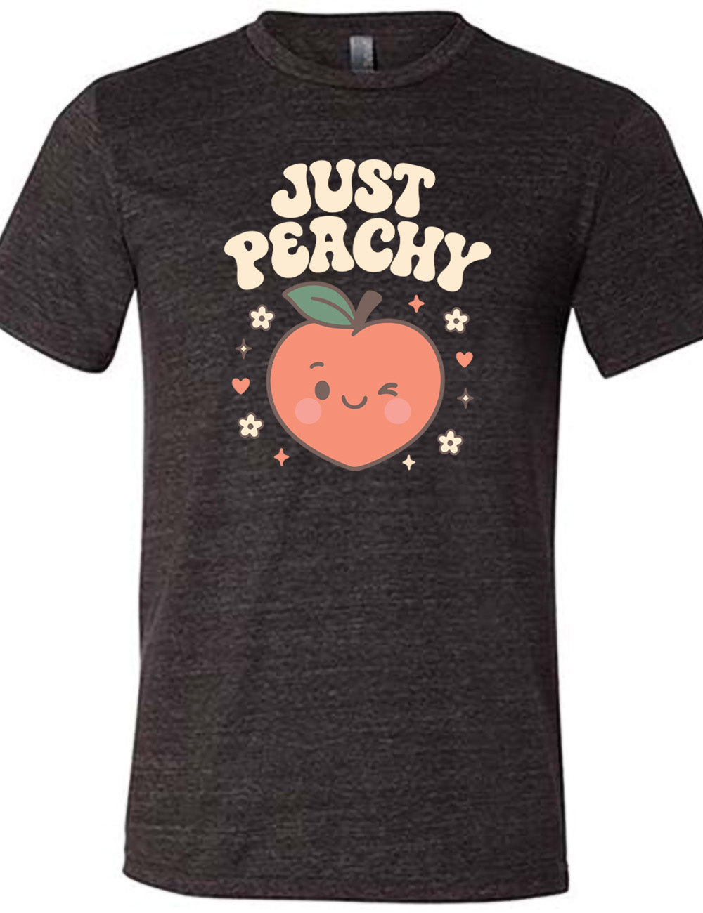 black unisex tee with the graphic of a winking peach, surrounded by little hearts, flowers, and stars, with the words above it saying "just peachy"
