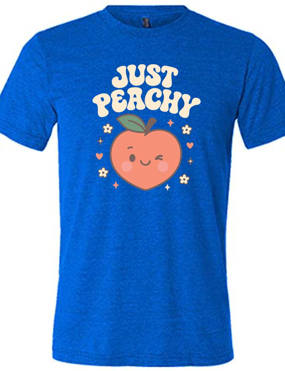 blue unisex tee with the graphic of a winking peach, surrounded by little hearts, flowers, and stars, with the words above it saying "just peachy"