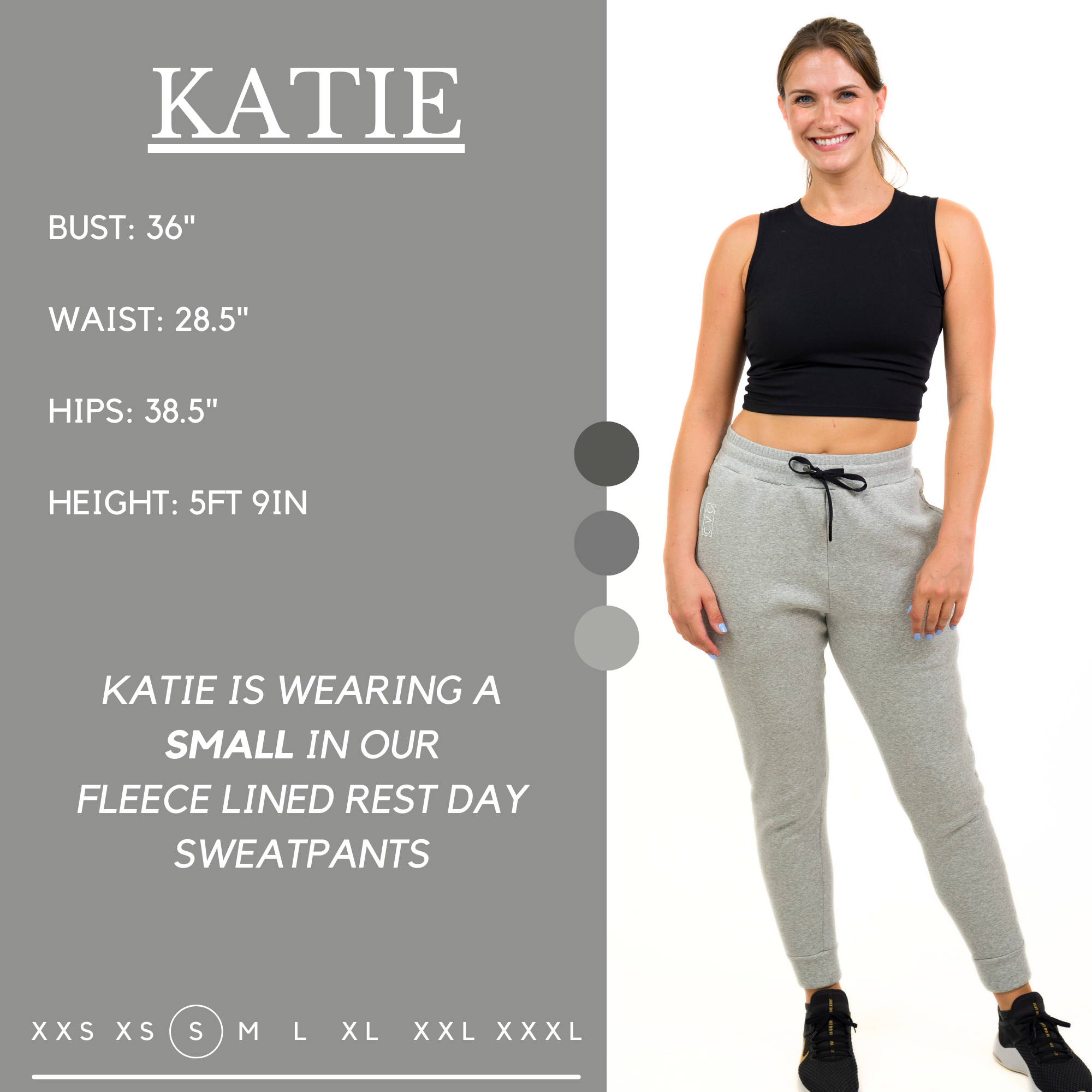 katie sizing chart for gray fleece lined rest day sweatpants