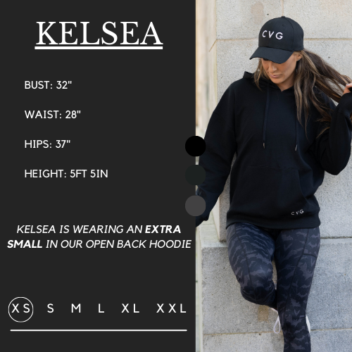 Model's measurements of 32 inch bust, 28 inch waist, 37 inch hips, and height of 5 foot 5 inches. She is wearing a size extra small in this hoodie