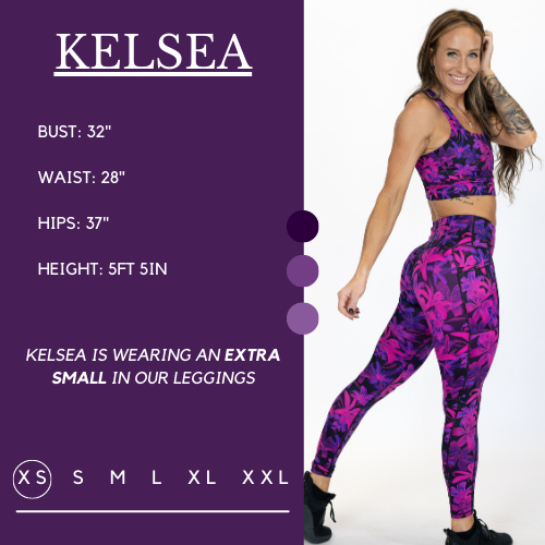Model wearing leggings and matching sports bra and her measurements of 32 inch bust, 28 inch waist, 37 inch hips, and height of 5 foot 5 inches. She is wearing a size extra small in the leggings.
