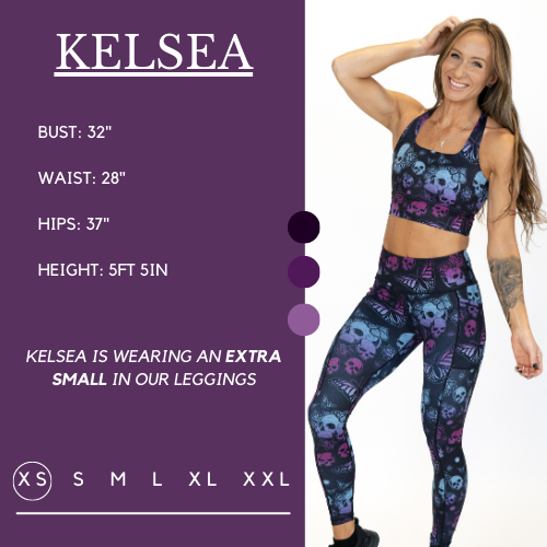 Model wearing leggings and matching longline bra and her measurements of 32 inch bust, 28 inch waist, 37 inch hips, and height of 5 foot 5 inches. She is wearing a size extra small in the leggings.