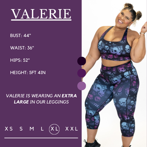 Model wearing leggings and mtaching longline bra and her measurements of 44 inch bust, 36 inch waist, 52 inch hips, and height of 5 foot 4 inches. She is wearing a size extra large in the leggings.