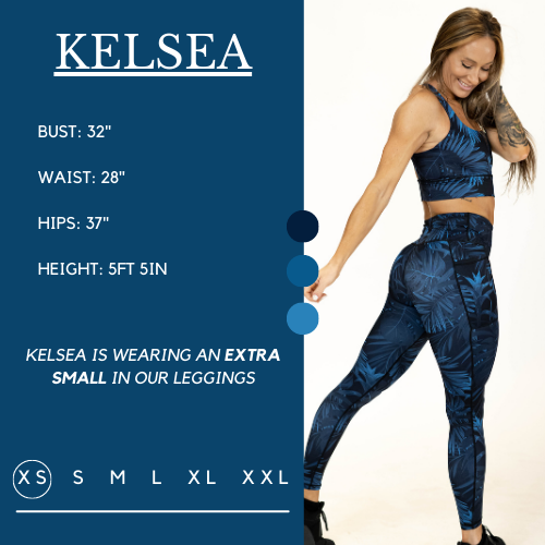 Model's measurements of 32 inch bust, 28 inch waist, 37 inch hips, and height of 5 foot 5 inches. She is wearing a size extra small in these leggings.
