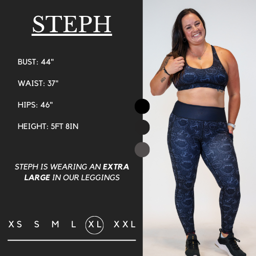 Model's measurements of 44 inch bust, 37 inch waist, 46 inch hips, and height of 5 foot 8 inches. She is wearing a size extra large in these leggings.