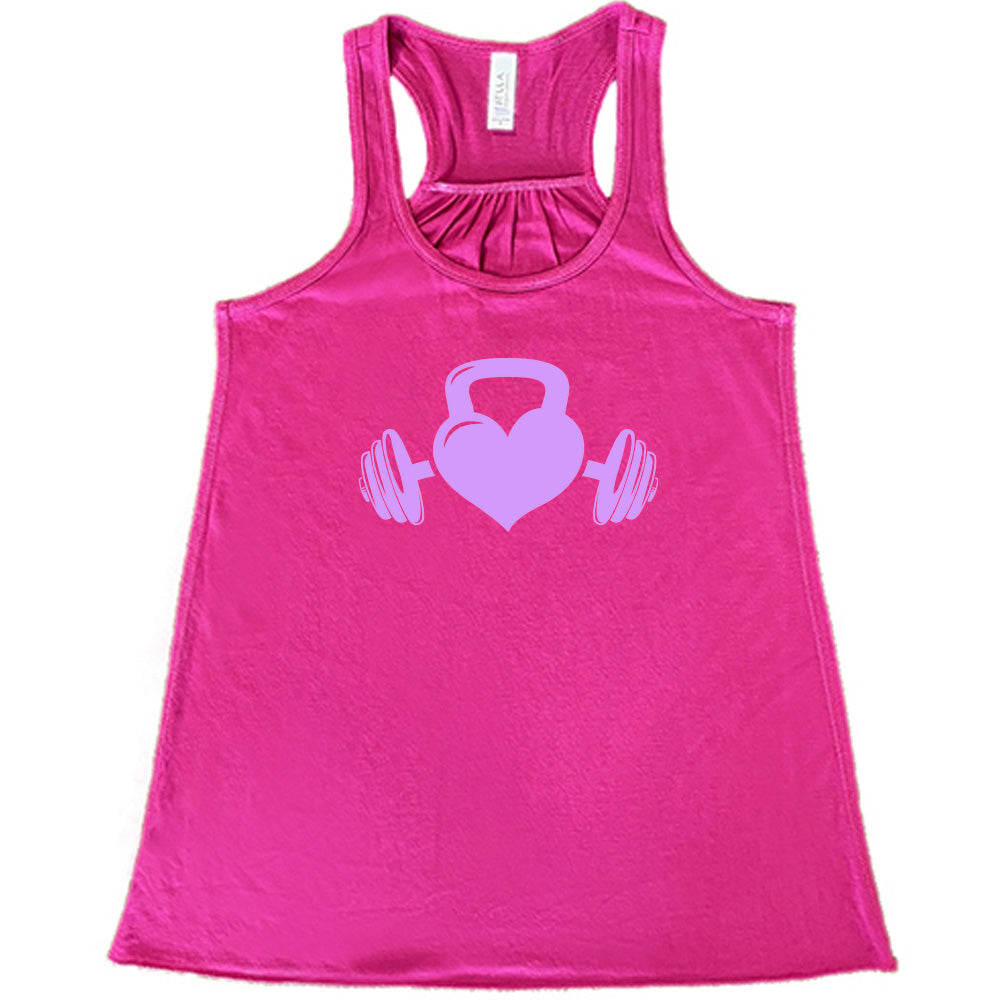 berry shirt with a light purple Kettlebell Heart graphic on it