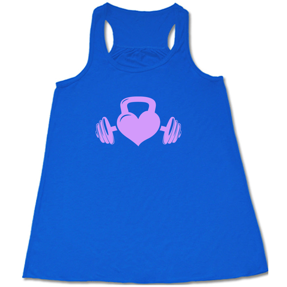 blue shirt with a light purple Kettlebell Heart graphic on it