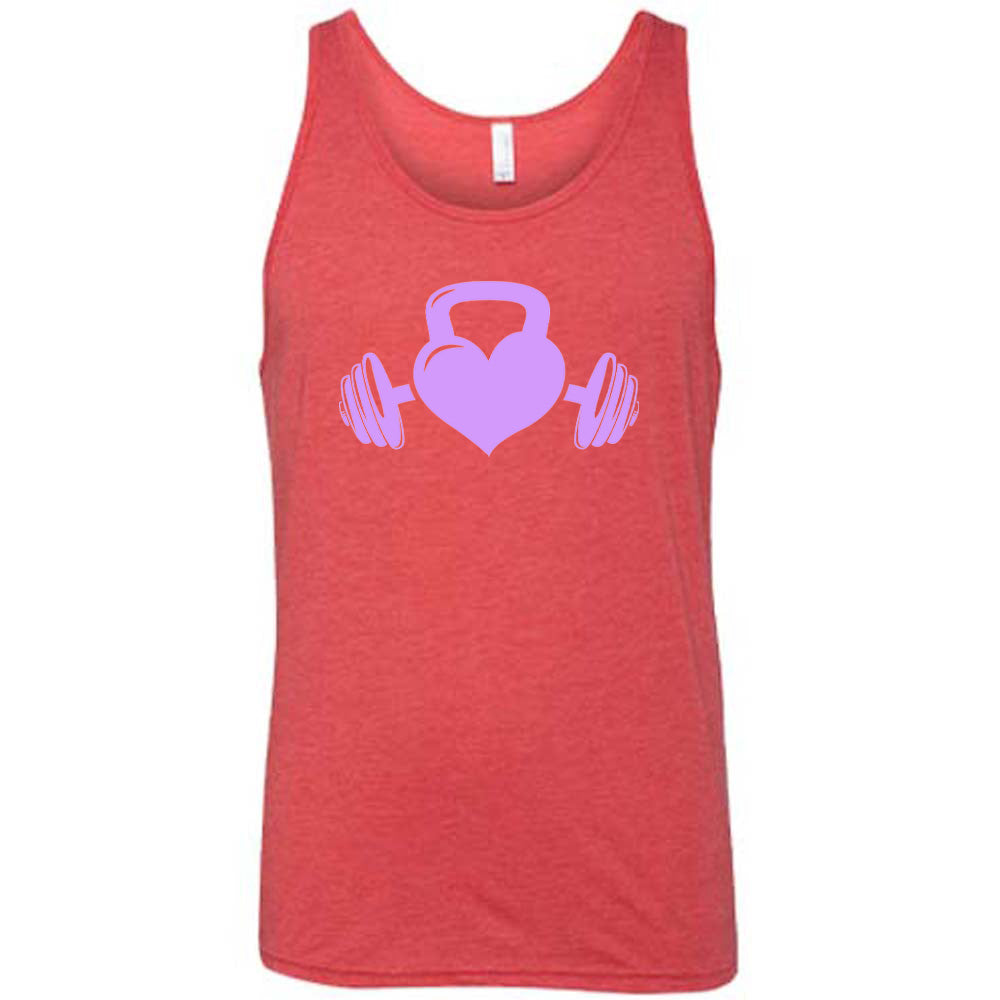 red shirt with a light purple Kettlebell Heart graphic on it
