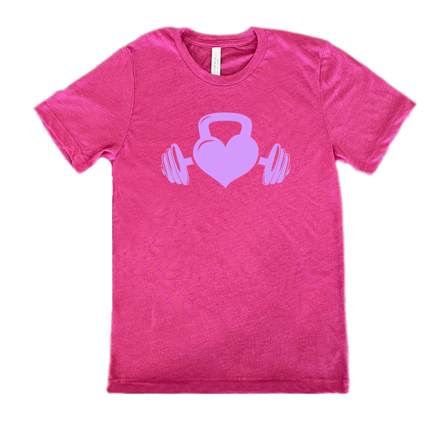 berry shirt with a light purple Kettlebell Heart graphic on it