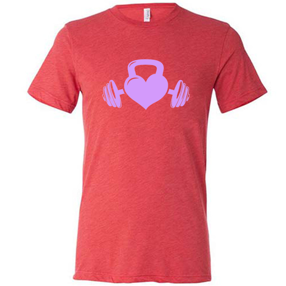 red shirt with a light purple Kettlebell Heart graphic on it