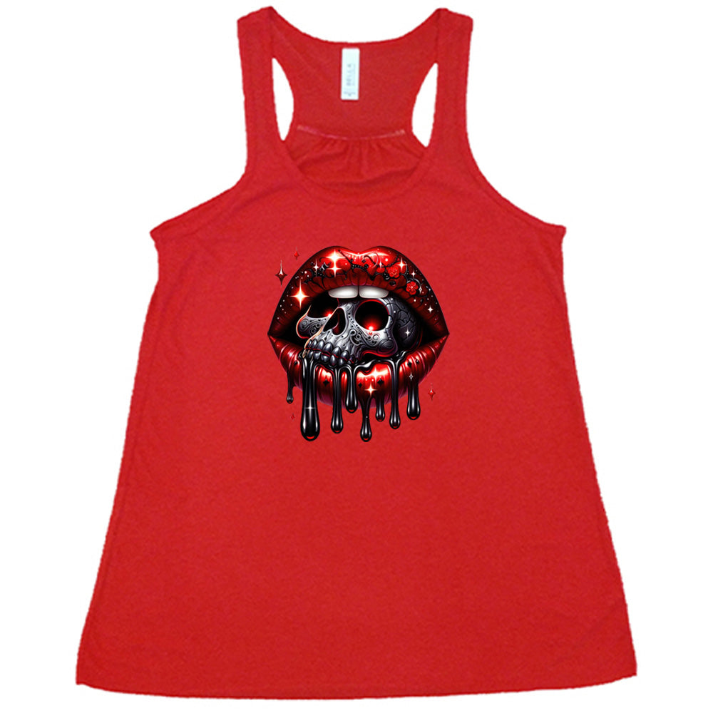 red shirt with a skull and lip graphic on it