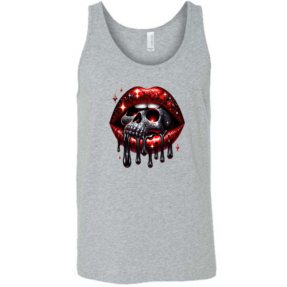 grey shirt with a skull and lip graphic on it