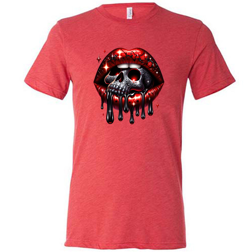 red shirt with a skull and lip graphic on it