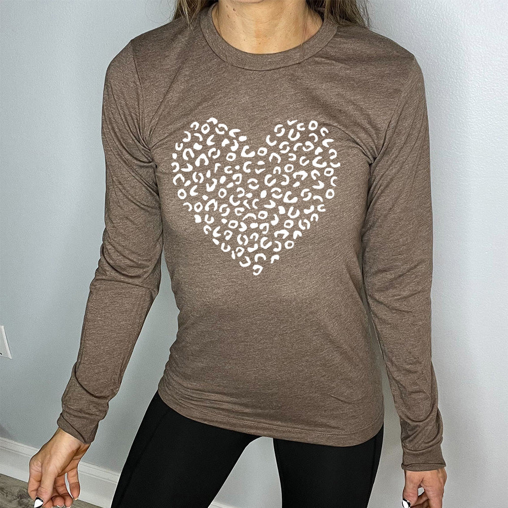 heather brown long sleeve shirt with the graphic of a large heart made up of leopard print
