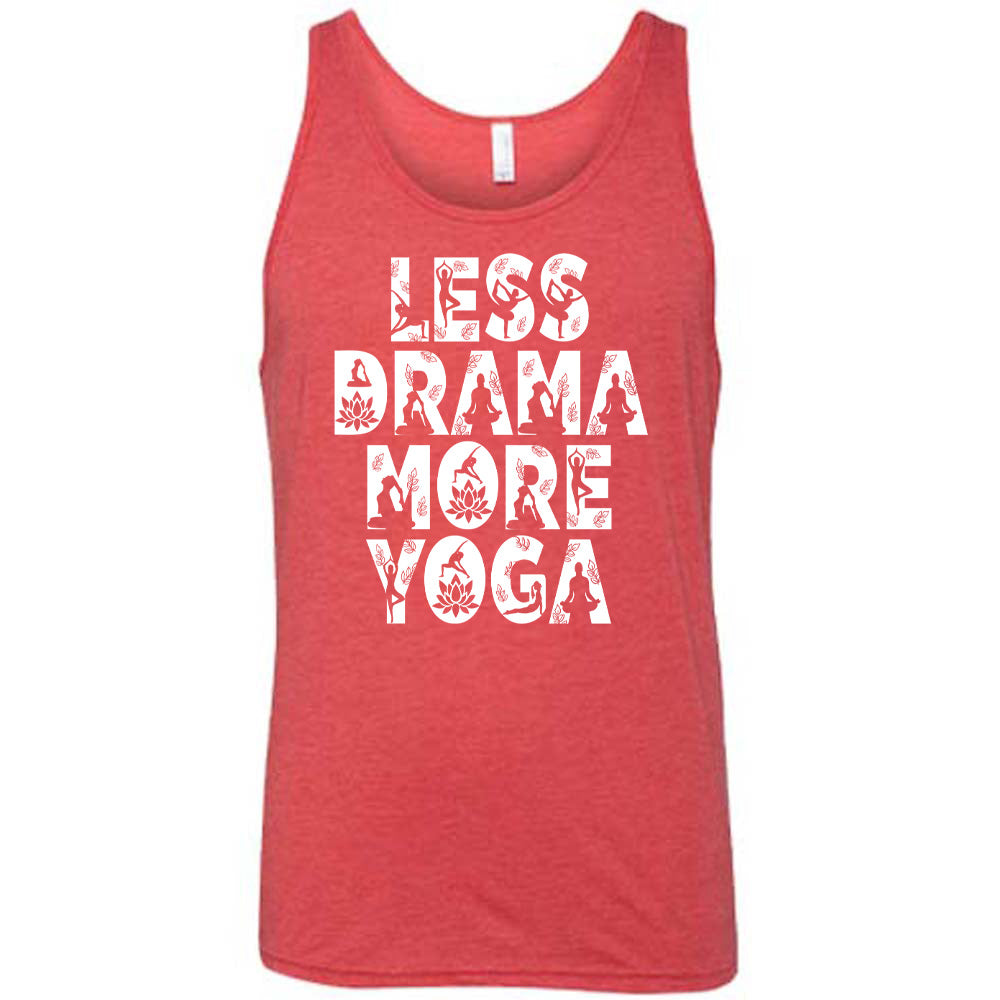 red unisex tank with the words "less drama more yoga" on it, and within each letter there are silhouettes of people doing yoga poses as well as some lotus flowers and some leaves