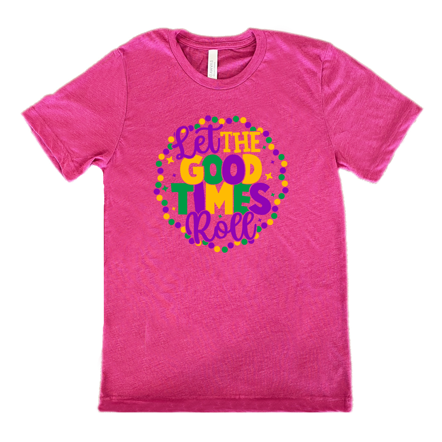 berry unisex tee with the words "let the good times roll" on it, with a few little stars around, all within a ring of mardi gras beads