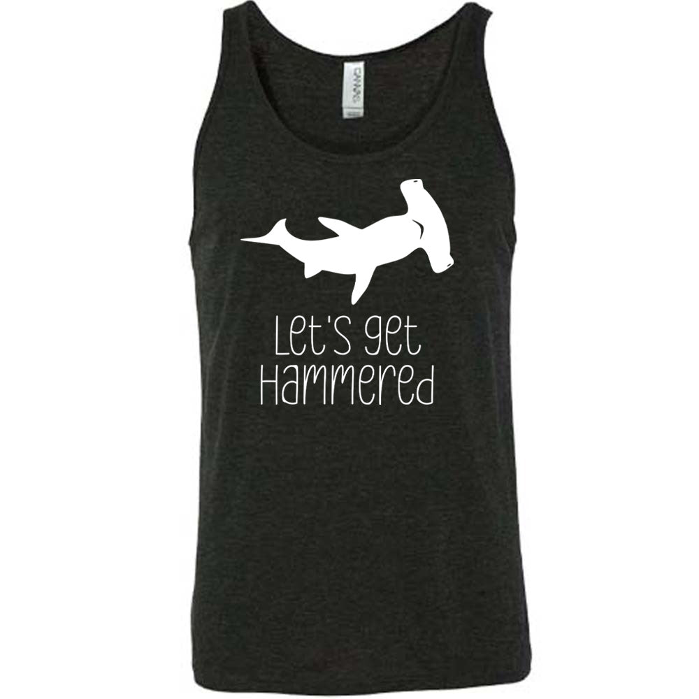 Black colored tank with a Hammerhead shark graphic on it that says "Lets Get Hammered" 