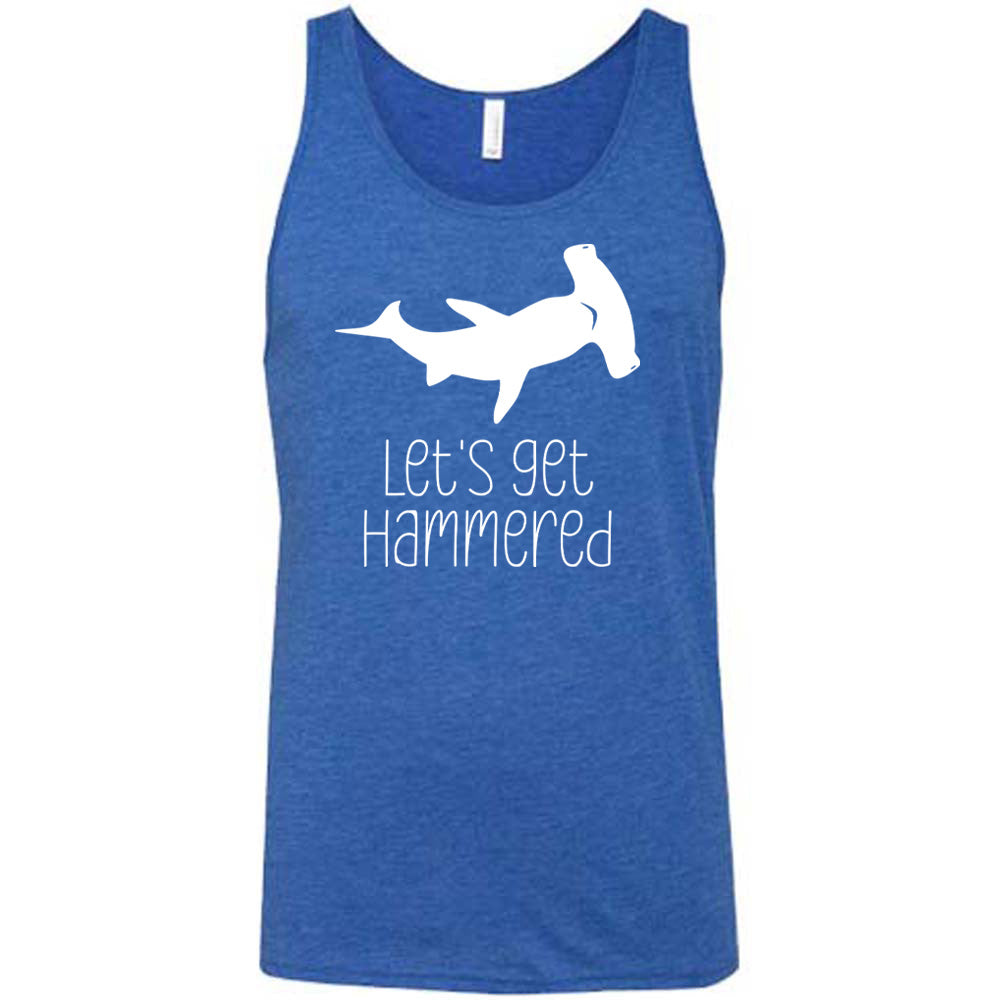 Blue colored tank with a Hammerhead shark graphic on it that says "Lets Get Hammered" 