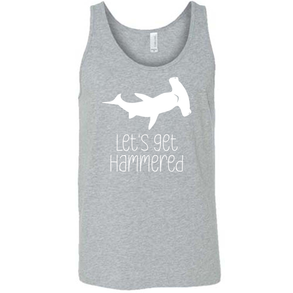 Grey colored tank with a Hammerhead shark graphic on it that says "Lets Get Hammered" 