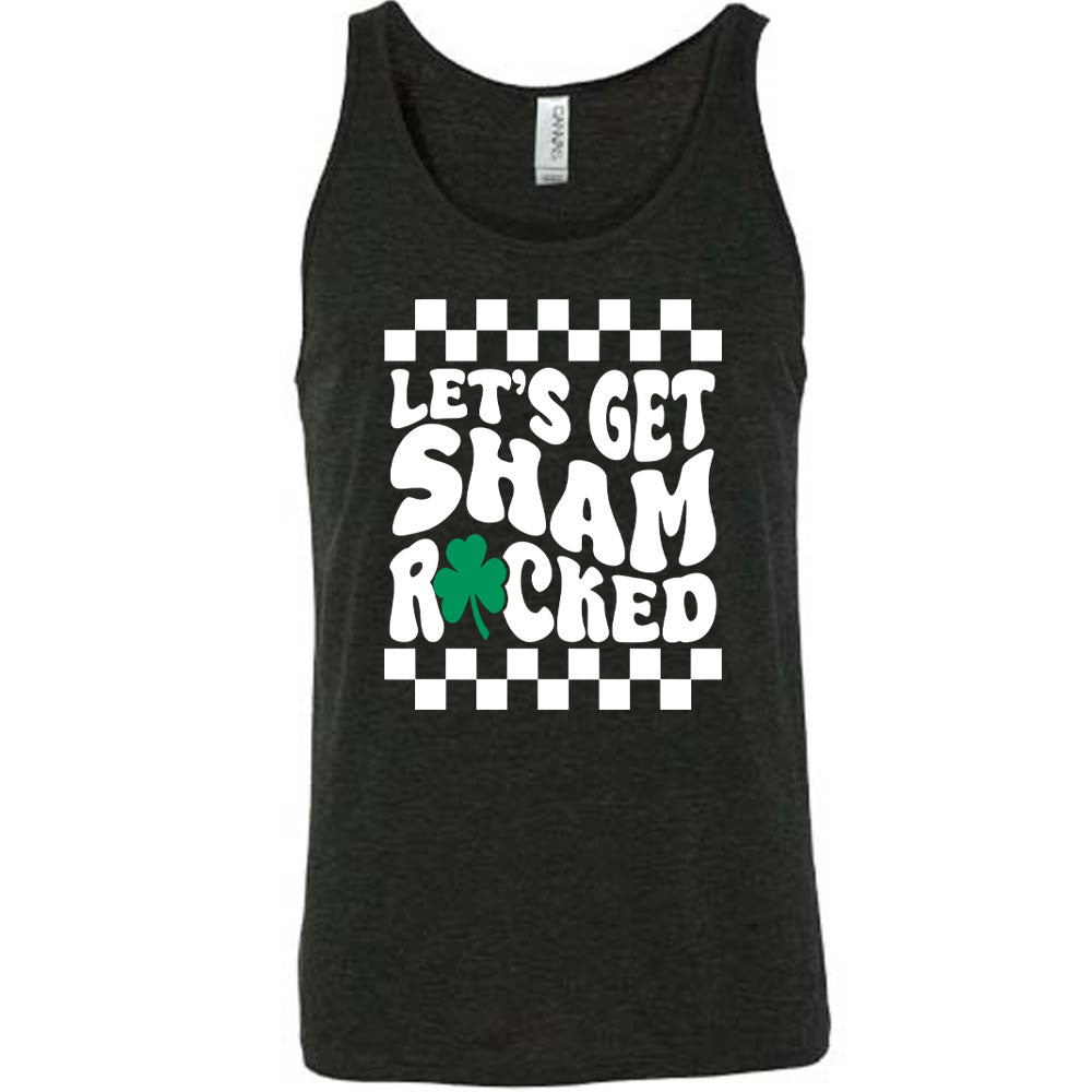 black unisex tank with the words "let's get shamrocked" on it, with a shamrock graphic replacing the "o" of "rocked", and a checkerboard border on top and bottom of the words