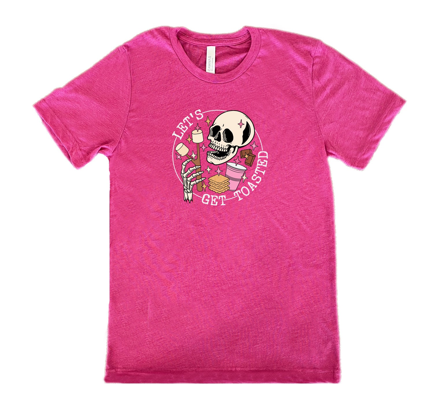 Berry colored shirt with a skull and marshmallow stick graphic on it that says "Let's Get Toasted" 