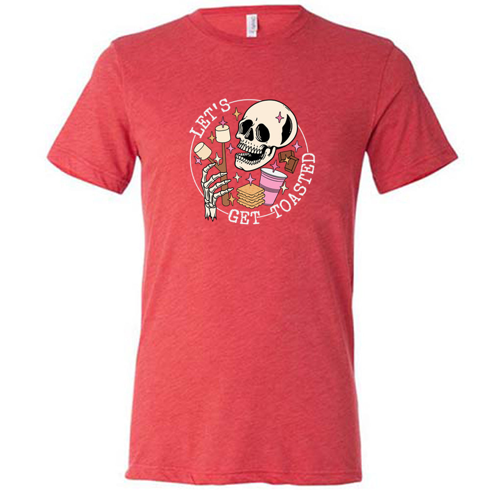 Red colored shirt with a skull and marshmallow stick graphic on it that says "Let's Get Toasted" 