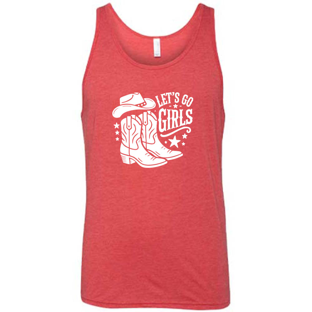 Red colored tank with a cowgirl boot and hat graphic on it that says "Let's Go Girls"