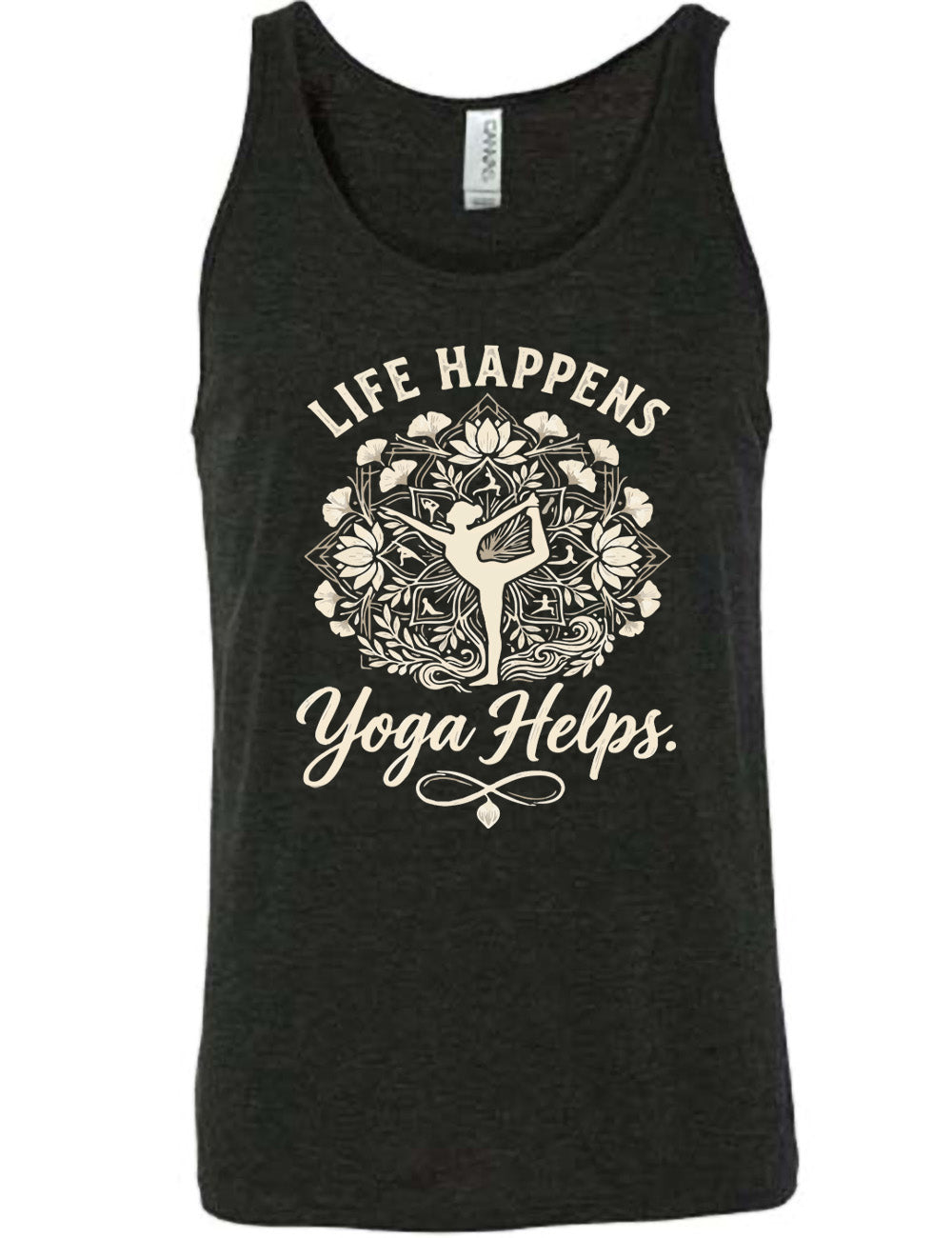 black unisex tank with the words "life happens yoga helps." on it, around the graphic of a woman's silhouette doing a yoga pose in the middle of a elaborate pattern of shapes, lotuses and other plants