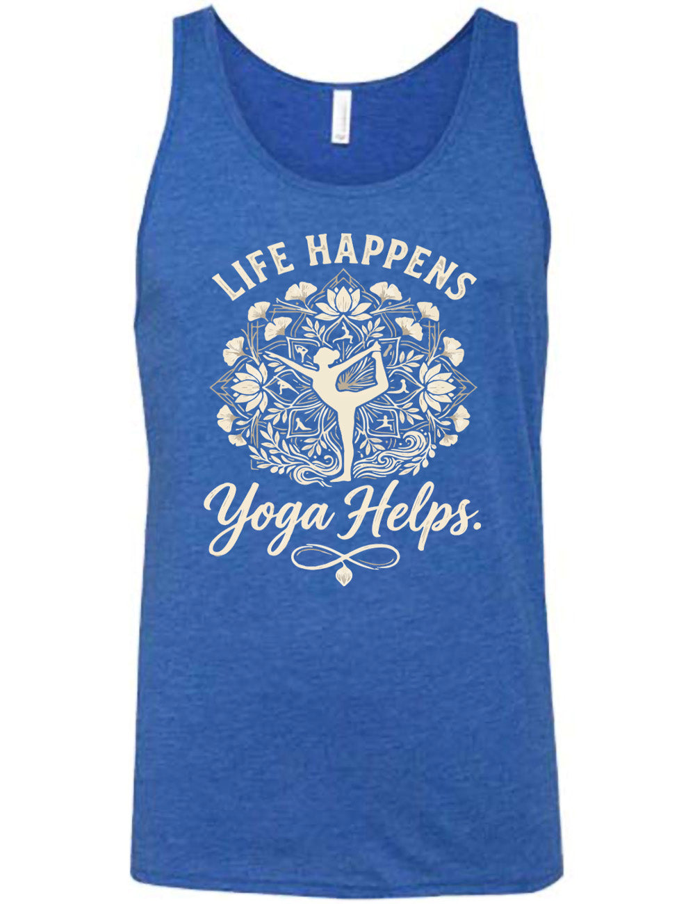 blue unisex tank with the words "life happens yoga helps." on it, around the graphic of a woman's silhouette doing a yoga pose in the middle of a elaborate pattern of shapes, lotuses and other plants