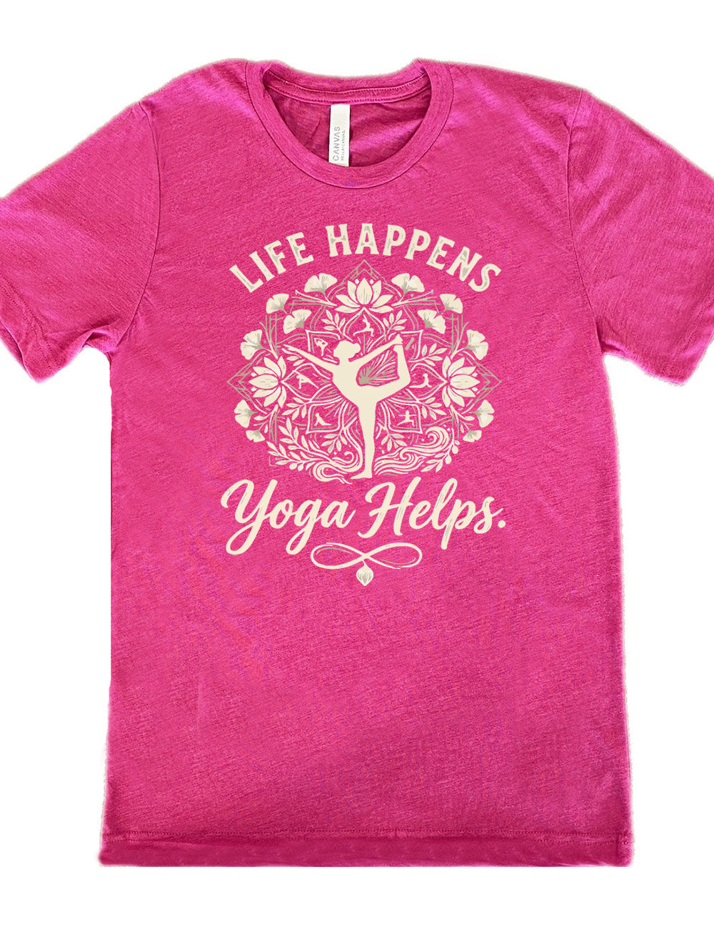 berry unisex tee with the words "life happens yoga helps." on it, around the graphic of a woman's silhouette doing a yoga pose in the middle of a elaborate pattern of shapes, lotuses and other plants