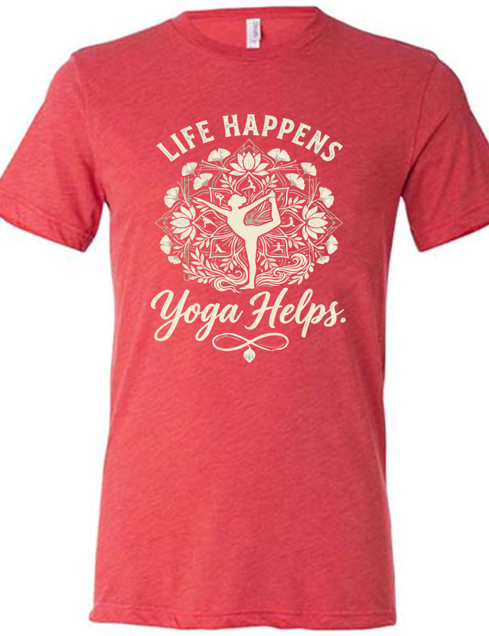 red unisex tee with the words "life happens yoga helps." on it, around the graphic of a woman's silhouette doing a yoga pose in the middle of a elaborate pattern of shapes, lotuses and other plants