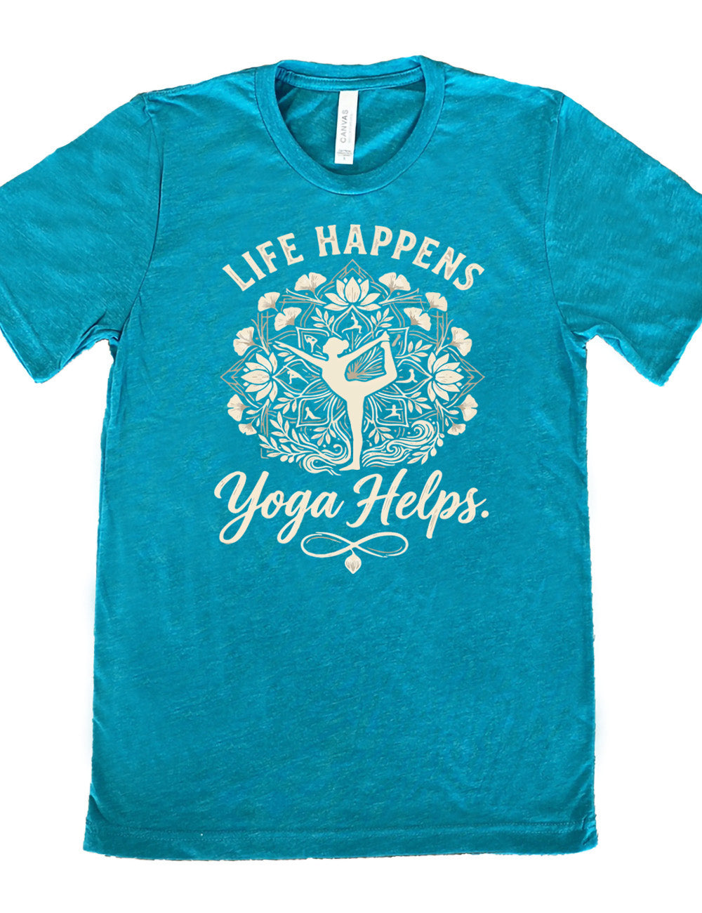 teal unisex tee with the words "life happens yoga helps." on it, around the graphic of a woman's silhouette doing a yoga pose in the middle of a elaborate pattern of shapes, lotuses and other plants