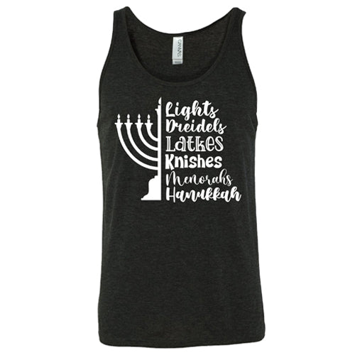 black unisex tank top that says "Lights, Dreidels, Latkes, Knishes, Menorahs, Hanukkah" in white