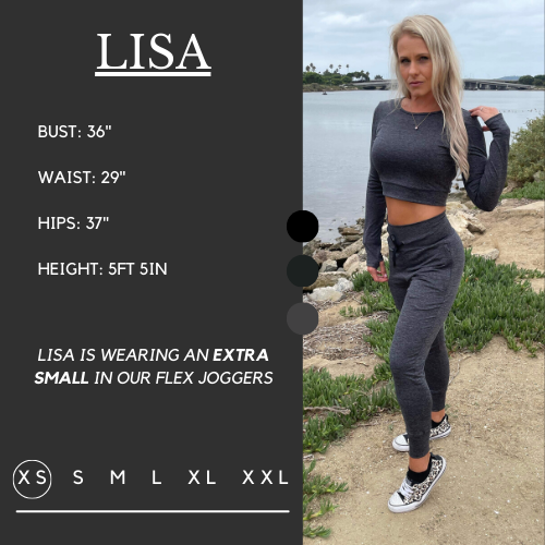 Model's measurements of 36 inch bust, 29 inch waist, 37 inch hips, and height of 5 foot 5 inches. She is wearing a size extra small in these joggers