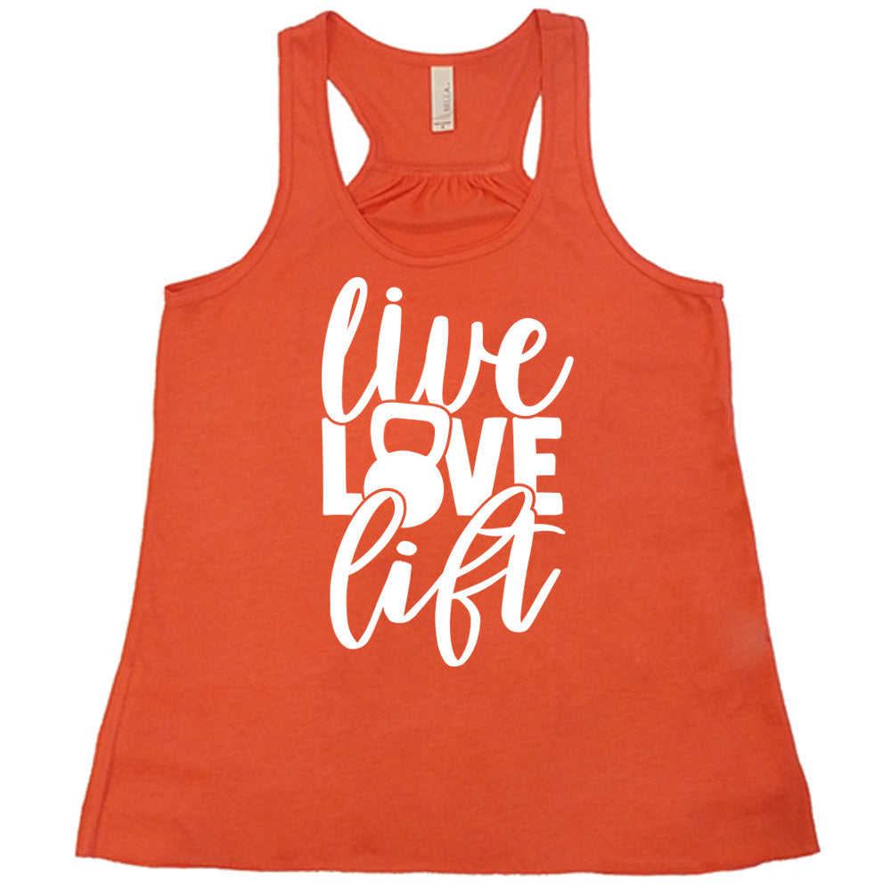 Coral flowy tank with Live Love Lift in white lettering