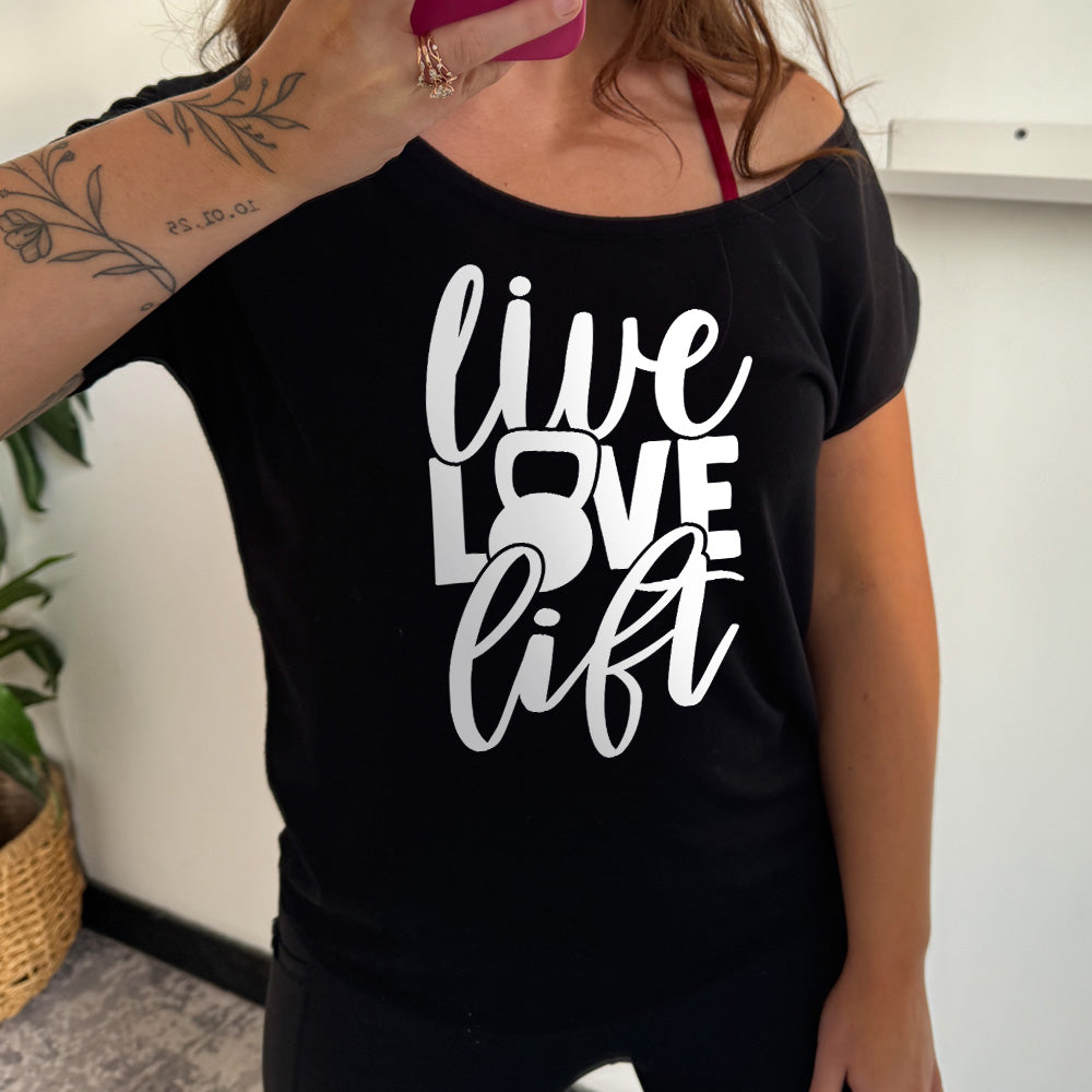 Black slouchy tee with the words "live love lift" on it, with the "o" being a kettlebell 