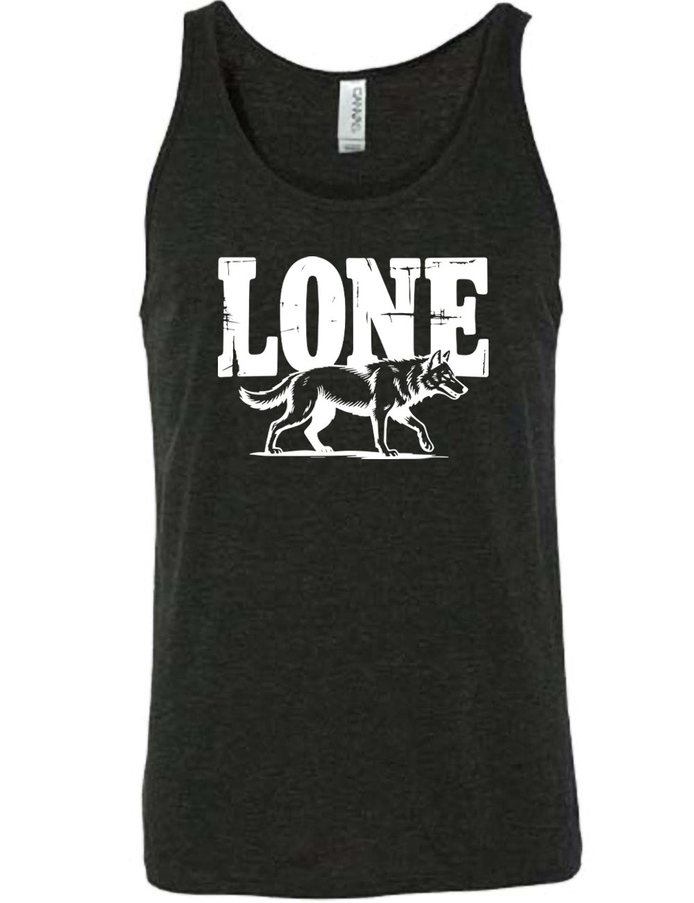 black unisex tank with the large all caps word "lone" on it, with a wolf graphic underneath