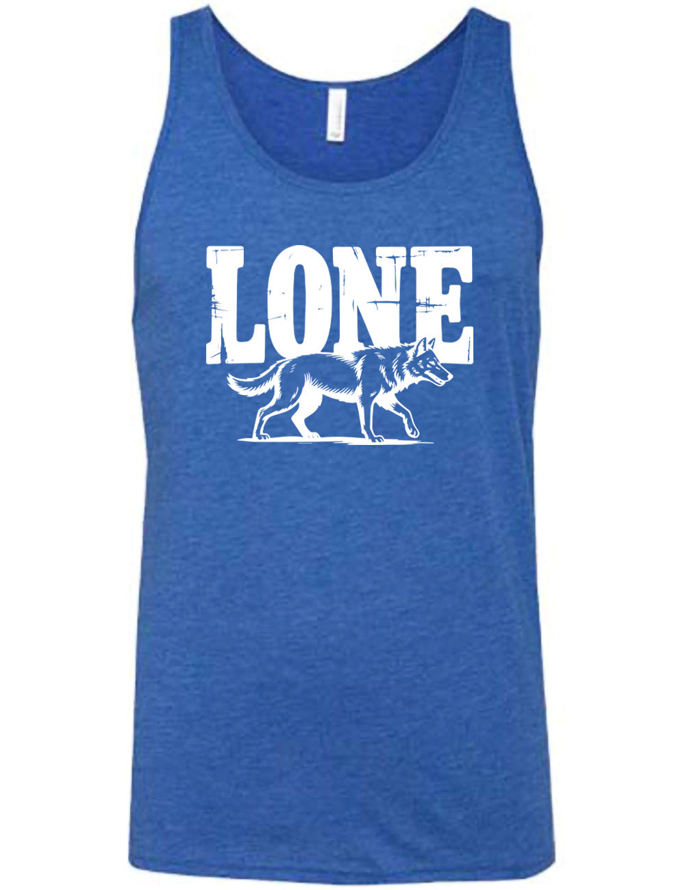 blue unisex tank with the large all caps word "lone" on it, with a wolf graphic underneath