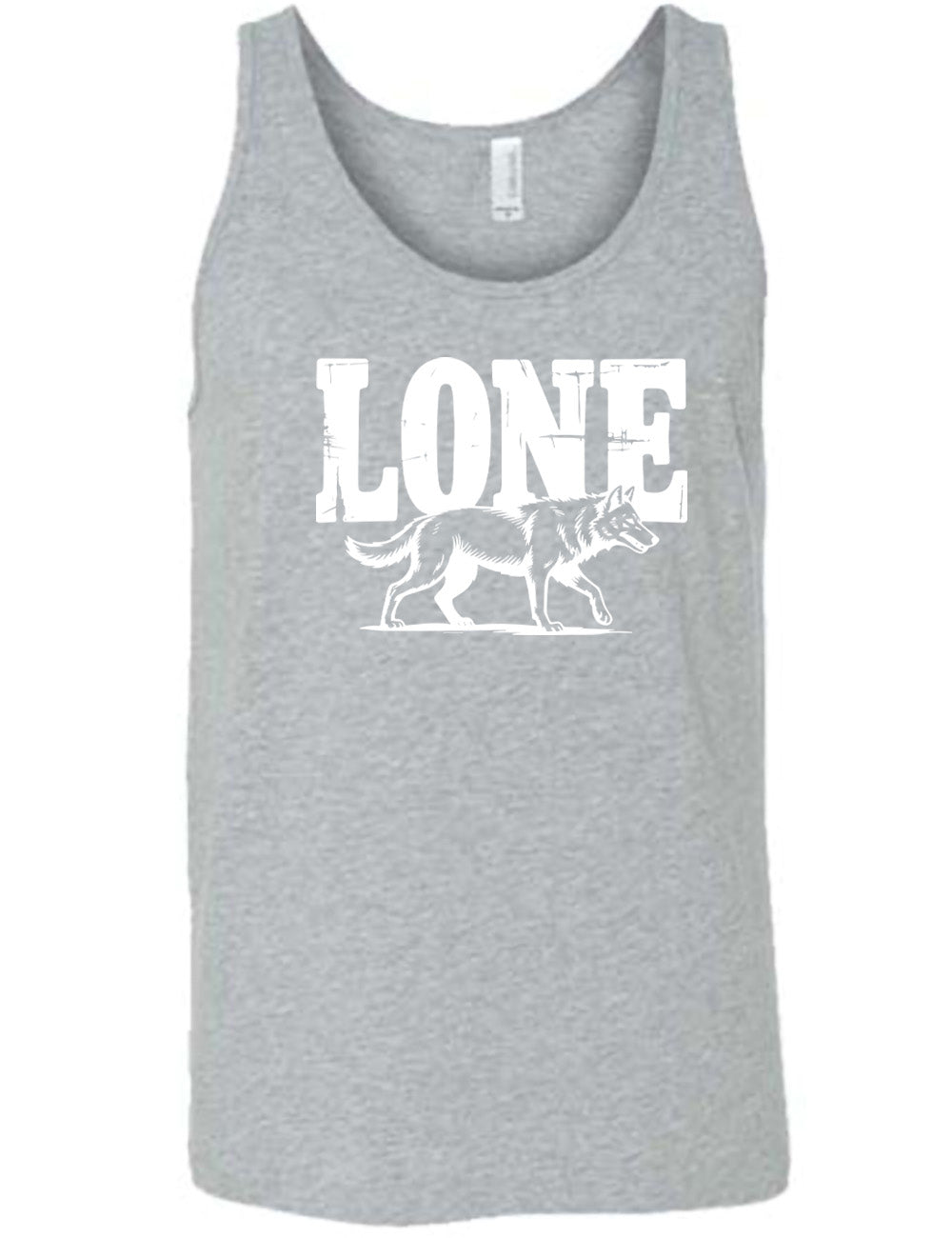 grey unisex tank with the large all caps word "lone" on it, with a wolf graphic underneath