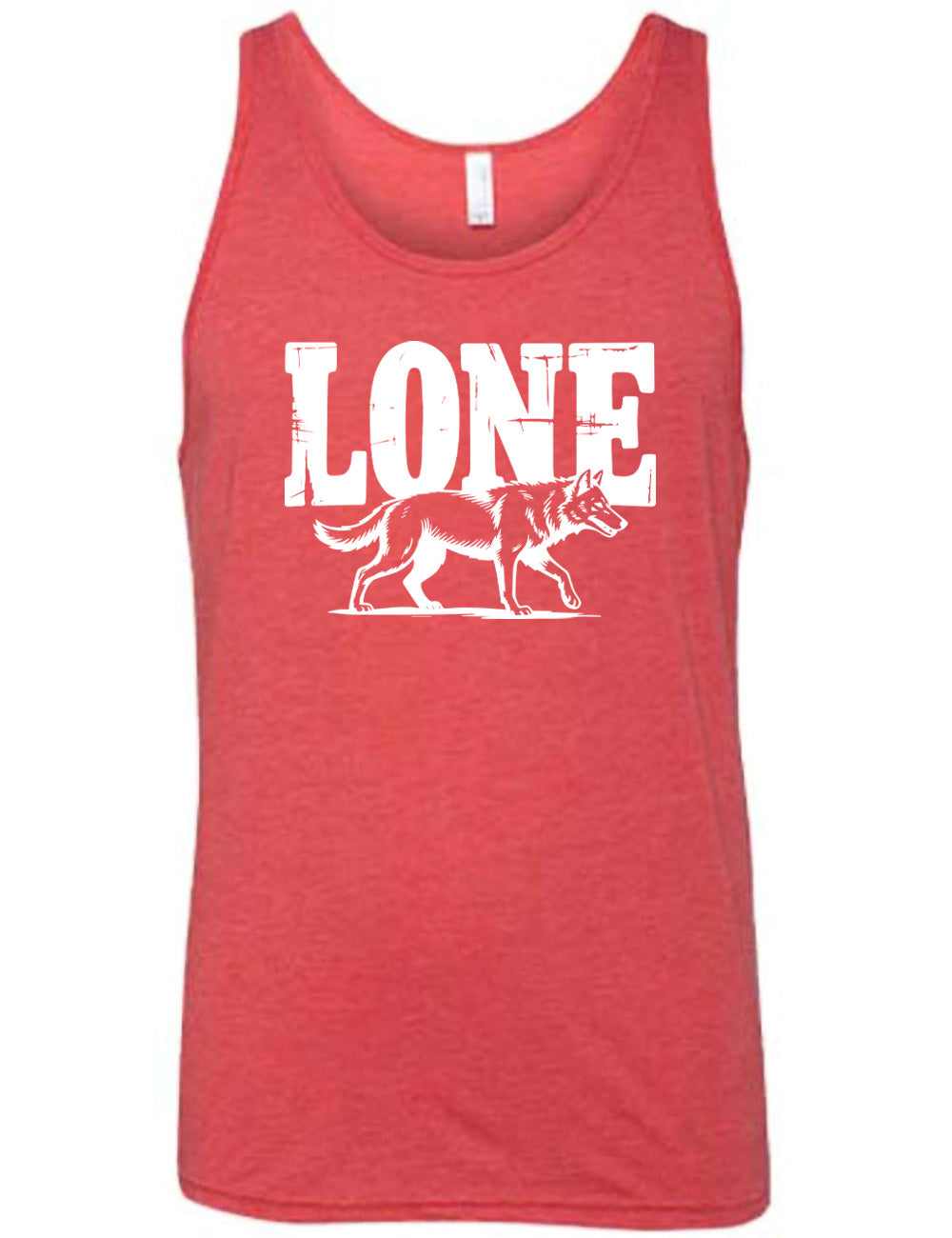red unisex tank with the large all caps word "lone" on it, with a wolf graphic underneath