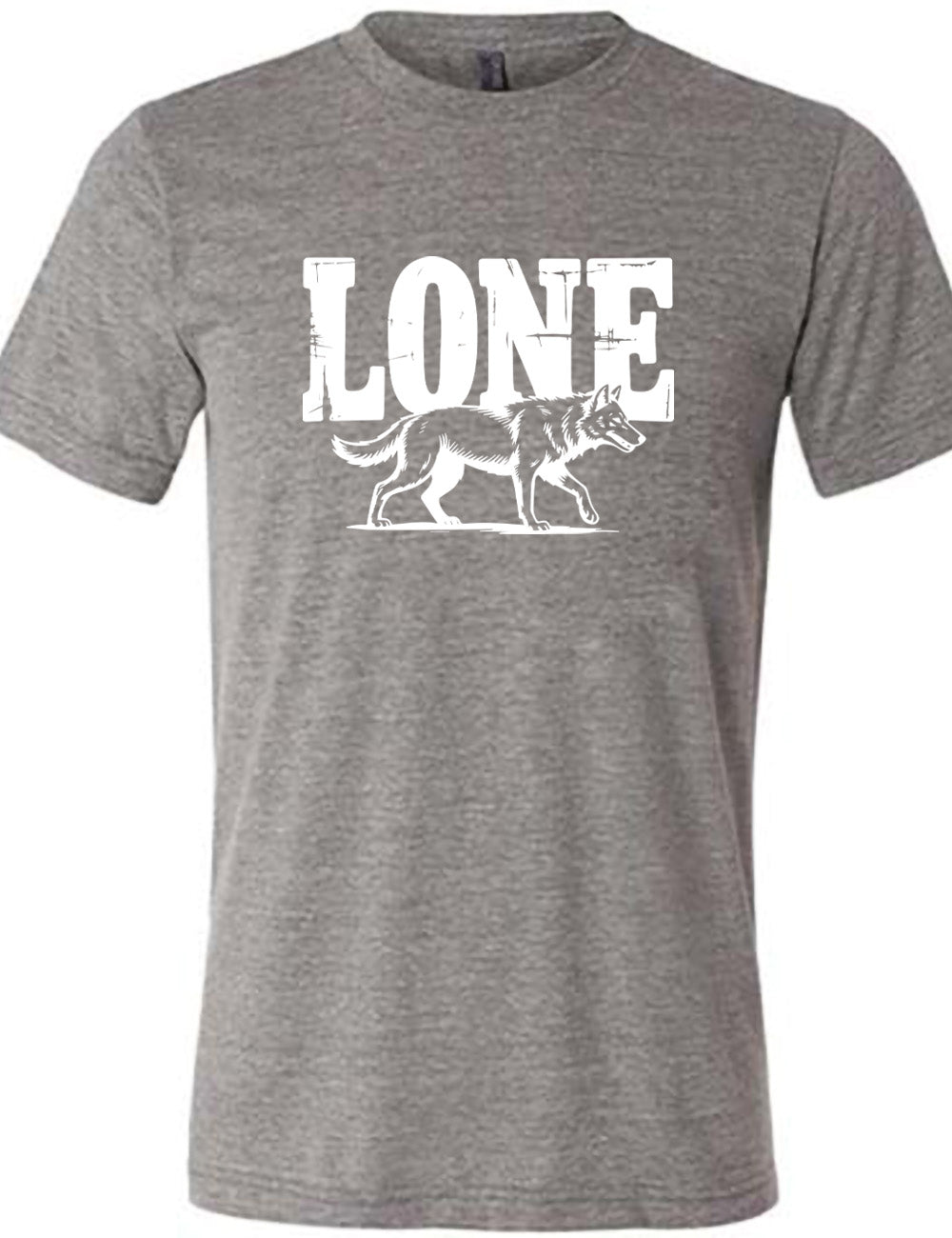 grey unisex tee with the large all caps word "lone" on it, with a wolf graphic underneath