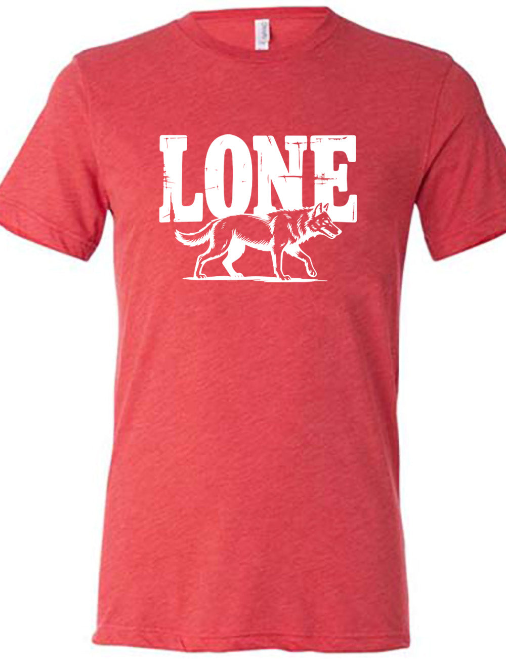 red unisex tee with the large all caps word "lone" on it, with a wolf graphic underneath