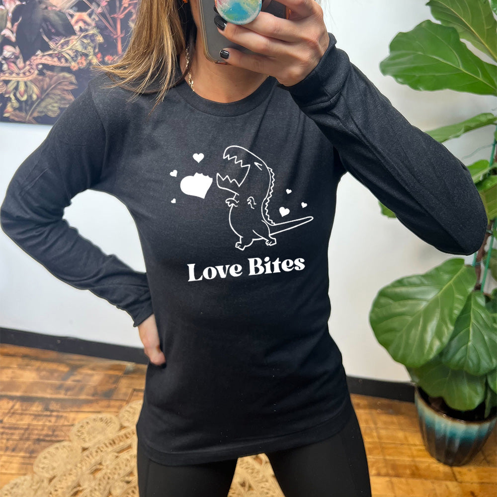 black long sleeve shirt with the text "Love Bites" on it