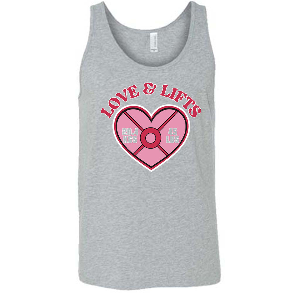 grey unisex tank with the words "love & lifts" on it, and graphics underneath of a heart with "20.4 kgs" and "45 lbs" inside it