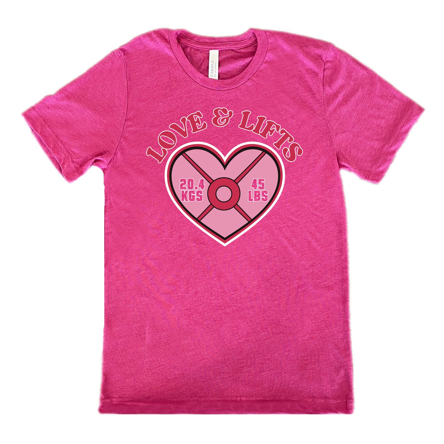 berry unisex tee with the words "love & lifts" on it, and graphics underneath of a heart with "20.4 kgs" and "45 lbs" inside it