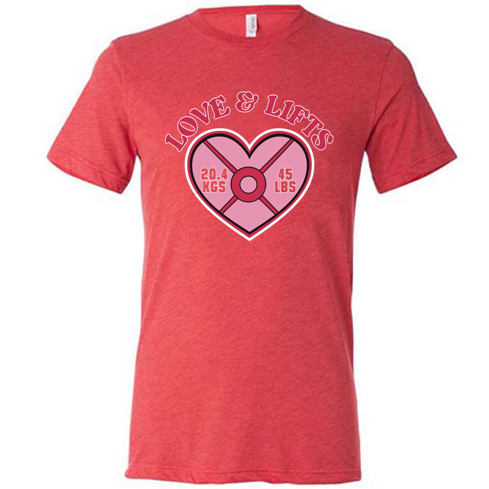 red unisex tee with the words "love & lifts" on it, and graphics underneath of a heart with "20.4 kgs" and "45 lbs" inside it