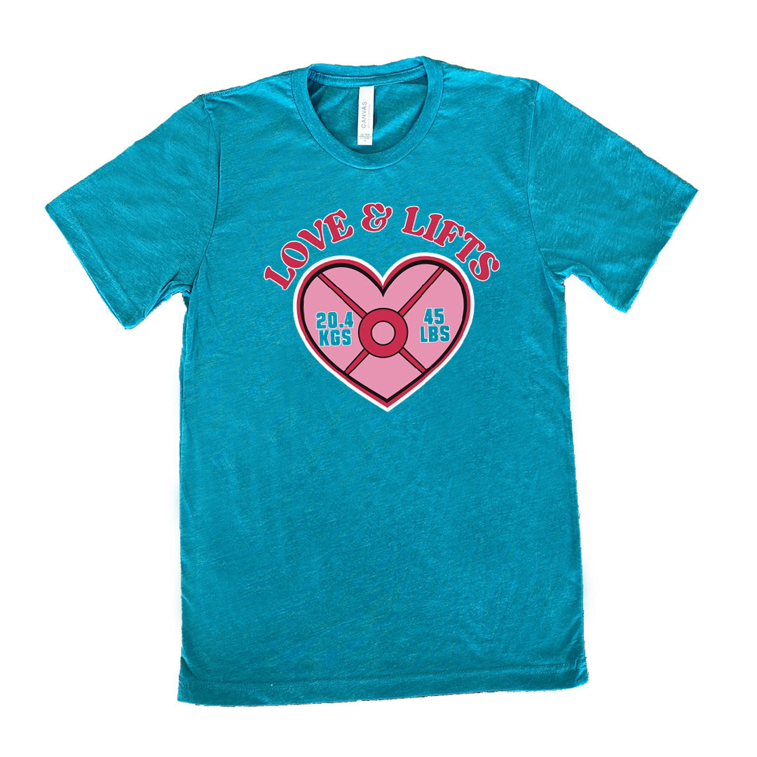 teal unisex tee with the words "love & lifts" on it, and graphics underneath of a heart with "20.4 kgs" and "45 lbs" inside it