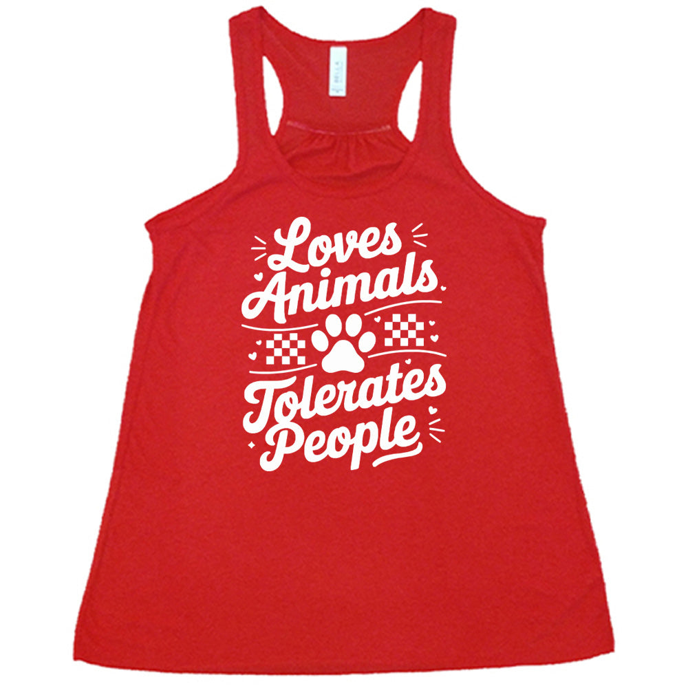 Red colored flowy tank with paw print and whickers graphic on it that says "Loves Animals Tolerates People"