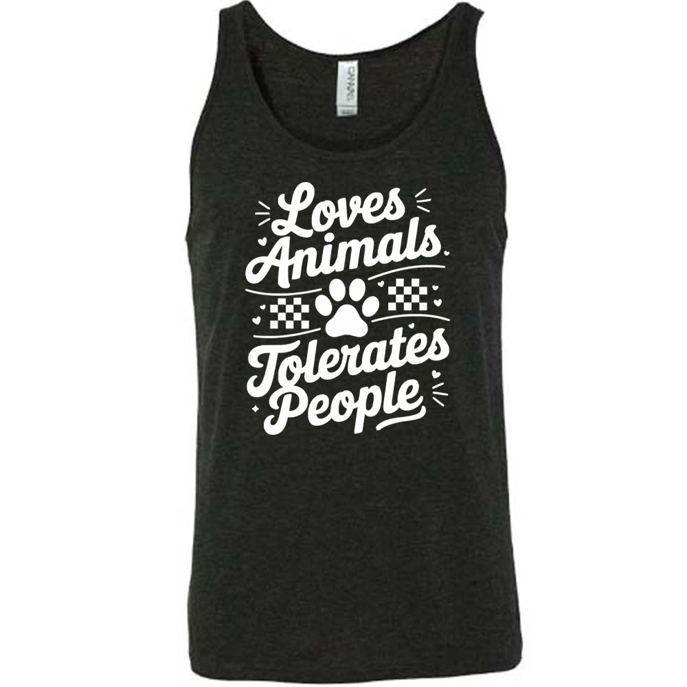 Black colored tank with paw print and whickers graphic on it that says "Loves Animals Tolerates People"
