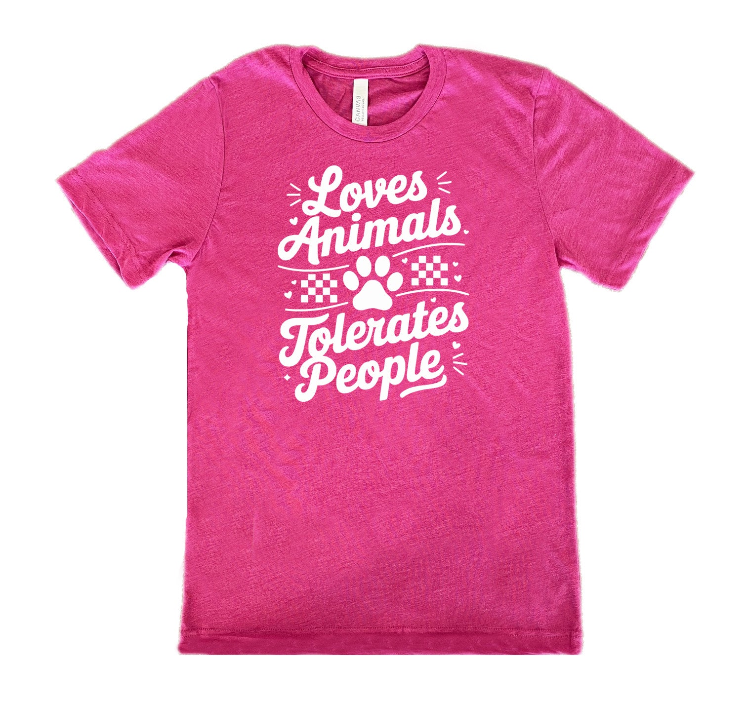 Berry colored shirt with paw print and whickers graphic on it that says "Loves Animals Tolerates People"